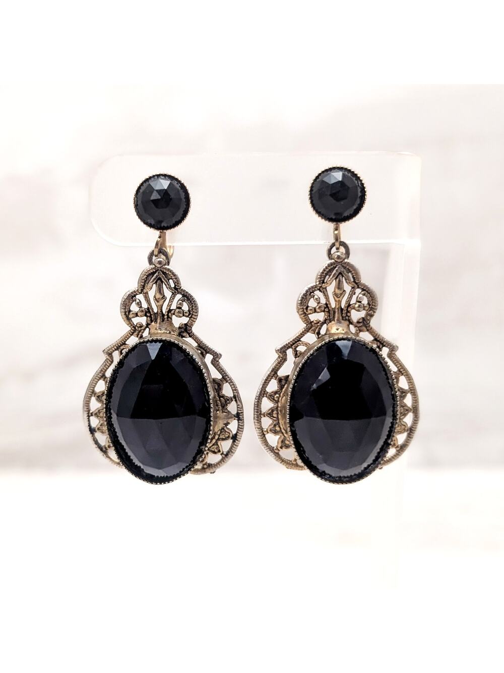 Vintage Screw Back Earrings Extra Large Ornate Gold Tone & Black Gem Dangle Drop